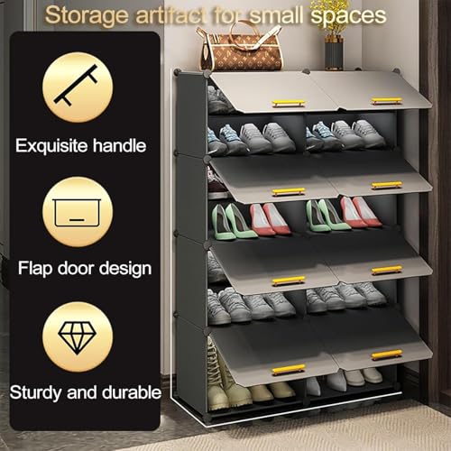 Image of Modular Shoe Rack Organizer with Drawer Storage, Multi-Layer Foldable Shoe Cabinet with Dustproof Doors for Home Entryway Bedroom (Grey-HG, 8-Door)