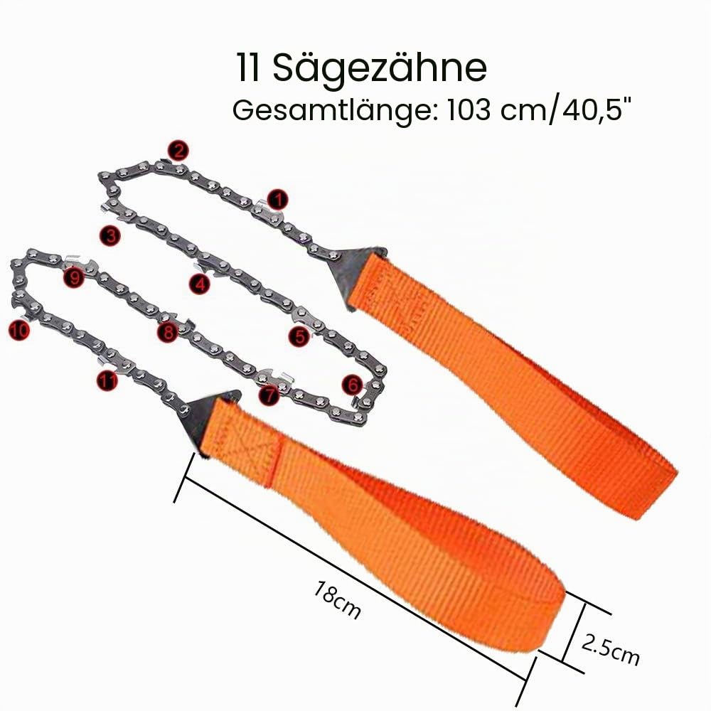 Tragbare Kettensäge, Handsäge, Kabelsäge für Survival, Camping, Jagd, Stahl, bidirektionale Klinge, leicht zum Schneiden des Zweiges (11 Zähne, 103 cm)