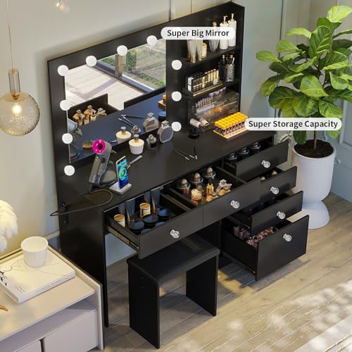 Image of VOWNER 47 inch Vanity with Outlet - Makeup Vanity Desk with Mirror, Storage Shelves and 6 Drawers, 3-Color Light, Makeup Desk Set with Stool for Bedroom, Black