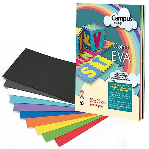 Campus College - Goma EVA 20x30cm, 12 Unidades colores Surtidos, Cartulinas de Foam para Manualidades, Decorar, DYI, proyectos Escolares, para niños y adultos (12 Colores Diferentes)