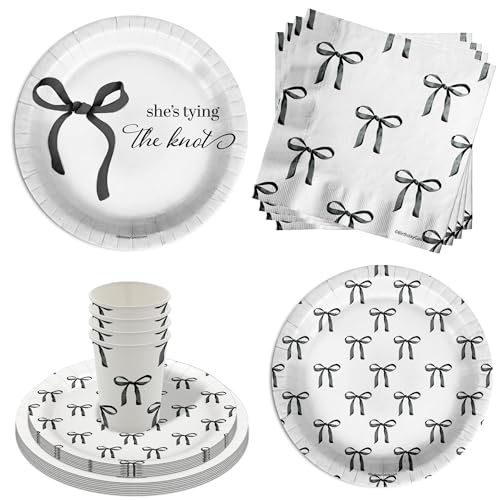 She's Tying The Knot Bridal Shower Party Supplies - 64 Piece Black Bows Bridal Shower Tableware Set Includes Large 9" Dinner Plates and 8" Dessert Paper Plates Napkins Cups - Kit for 16