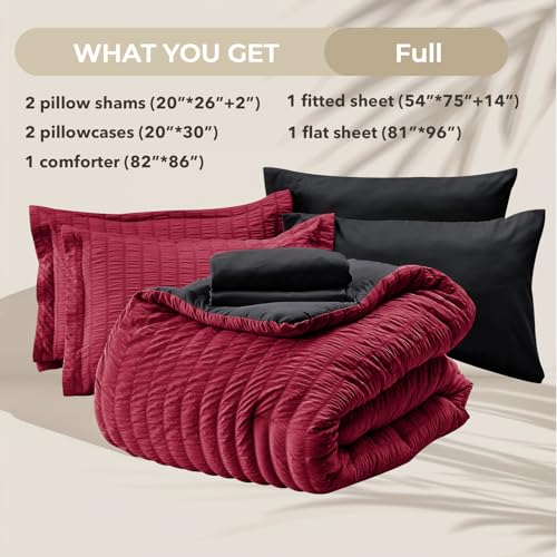 Image of HYMOKEGE Red & Black Full Size Comforter Sets Seersucker 7 Pieces, All Season Luxury Bed in a Bag for Bedroom, Bedding Set with Comforters, Sheets, Pillowcases & Shams