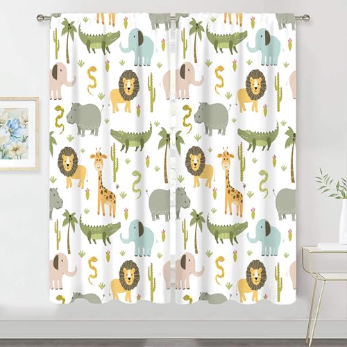 MESHELLY Zasłony safari dla dzieci 102 cm szer. x 160 cm kieszeń na pręt urocze zwierzęta kreskówka chłopiec przedszkole sypialnia dekoracja leśna dżungla lew słoń zasłony dla dzieci salon zasłony