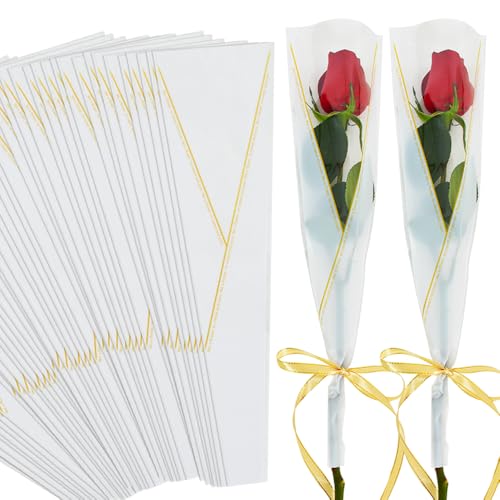 BEISHIDA 100 PCS Single Rose Sleeve Plastic Single Flower Wrapping Rose Packaging Cellophane Flower Sleeves for Florist Bouquet Supplies Mothers Day Valentines Day (White and Gold Letter)