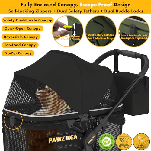 Image of PAWZIDEA Dog Stroller for Large Dogs up to 80 lbs, Lockable No-Zip 180 Reversible Canopy, One-Hand Foldable Pet Stroller for 2 Medium Dogs, All-Terrain Jogger Wheels, Storage Organizer, Chew-Proof