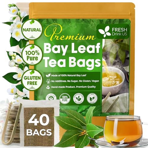 Image of FreshDrinkUS, Premium 40 Bay Leaf Tea Bags, 100% Natural & Pure from Bay Leaves. Loose Leaf Bay Herbal Tea. Made with Natural Material Tea Bags, No Sugar, No Caffeine, No Gluten, Vegan.