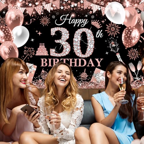 Image of Avezano Happy 30th Birthday Banner for Women Black and Rose Gold Glitter Balloon 30 Birthday Party Backdrop 30 Year Old Bday Photo Backdrop Party Supplies 70.8 x 43.3 Inch
