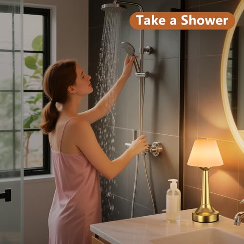 TRRMEZY Shower Lamp, Battery Operated Cordless Table lamp Waterproof, Rechargeable Lamp for Shower, Outdoor Deep Gold