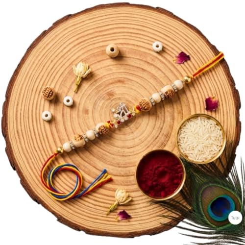 Image of Original Tulsi Rakhi for Brother | Handmade Natural Tulsi Beads Rakhi | Sacred Raksha Bandhan Rakhis for Boys | Traditional Spiritual Rakhi Gift