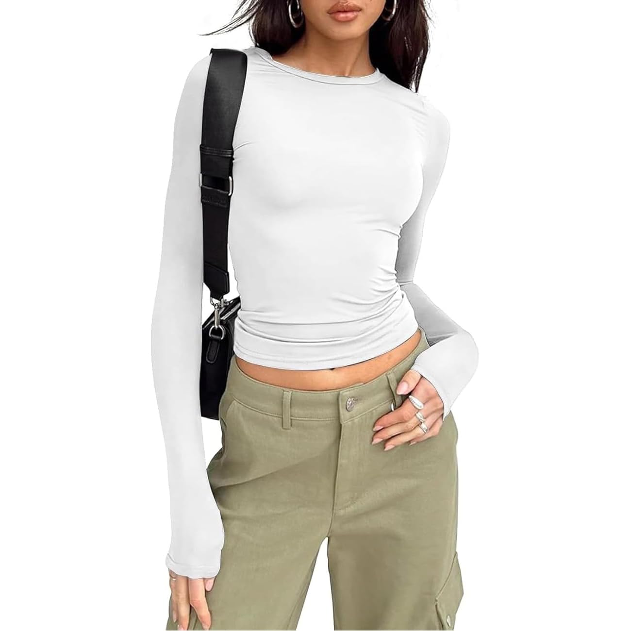 flintronic Maglietta a Manica Lunga Donna, Maglietta Basic da Donna Girocollo, Manica Lunga Basic da Donna Aderente, T-Shirt Basic Crop Top Camicetta Estetica