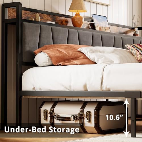 Image of LIKIMIO California King Size Bed Frame with 2 Drawers and Charging Station | Platform Bed with Upholstered Storage Headboard, No Box Spring Needed, Easy Assembly, Sturdy, Industrial Brown and Gray