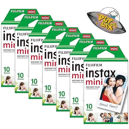 FUJIFILM Mini película instantánea para cámara: 70 fotos en total, paquete económico, (10 hojas x 7) – Captura recuerdos en cualquier momento y en cualquier lugar – Incluye calcomanía Puflax UFO