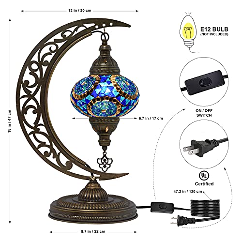 Mozaist Turkish Lamp, Unique Lamps, Moon Shaped Mosaic Table Lamp, Moroccan Handmade Antique Bohemian Vintage Lamp Shade, Tiffany Desk Bedside Stained Glass Lamp With Us Plug And E12 Socket #TOP2