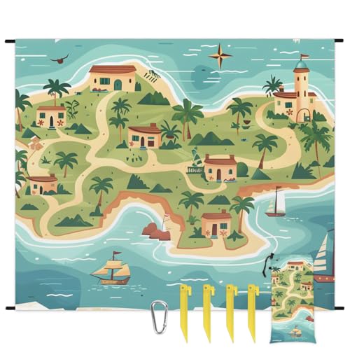 Eabrults Waterproof Sandproof Beach Blanket, 59''×68'' Route Map Polyester Outdoor Picnic Blanket with 4 Stakes & Storage Bag for Beach,Camping,Vacation Sea Green