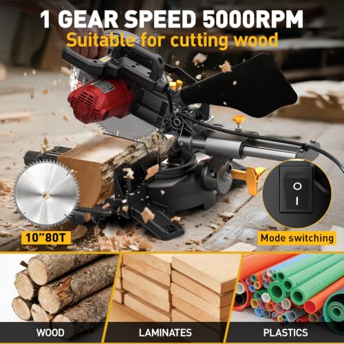 Image of Upgrade 10-inch Sliding Compound Miter Saw, Dual-speed 5000 /3300RPM, 15 Amp, Single Bevel 0-45 with 2 x TCT Blades, Multi-Material Cutting for Metal, Plastic, Wood, Laminates