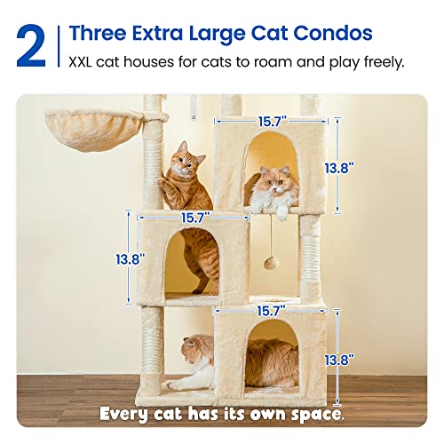 Image of MWPO Extra Large Cat Tree - 70.1-Inch Tall Cat Tower with 3 Cat Condos, Multi-Level Cat Stand for Large Cats Featuring Scratching Posts, Padded Perches, Hammock, Dangling Toys, Beige