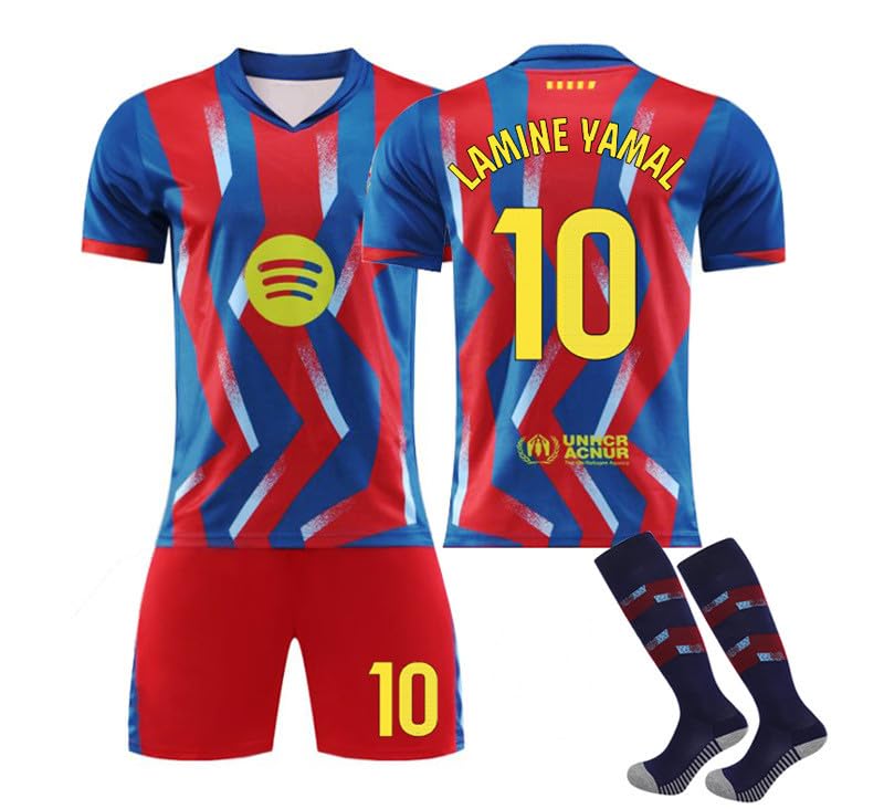 New Away 26 Barsa Red Blue Stripe 10 Lamine Yamal Fußball Jerseys Anzug 8 Pedri 9 Lewandowski 11 Raphinha 14 Rashford Trikot Kinder Kids Boys Mens Sport Trainning Soccer T Shirt Outfit Football Set