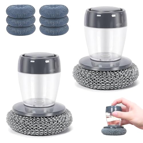 Cepillo de Cocina con dispensador de jabón y Mango ergonómico, Cabezal de Limpieza reemplazable, Limpiador de ollas y Platos Que no daña Las Superficies, Ideal para ollas (2 Pcs)