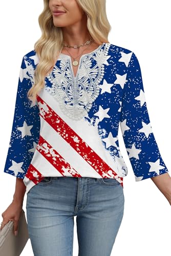 Image of WIHOLL 3 /4 Length Sleeve Womens Tops Boho V Neck Lace Shirt Trendy Blouses Dressy Casual Vacation Clothes S-3XL