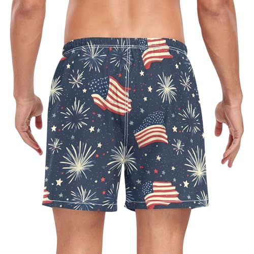 Men's Swim Trunks America Flag Firework Pattern Quick Dry Navy Swimwear Beach Shorts with Pockets3