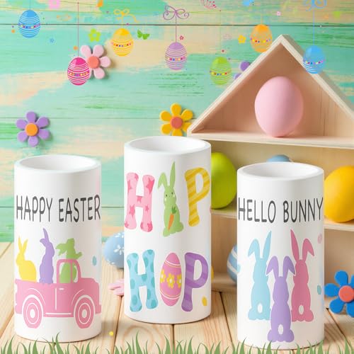 Image of Retisee 3 Pcs Pastel Easter Flameless LED Candles Battery Operated Bunny Spring Flickering Pillar Candles with Remote Pastel Easter Decoration Centerpiece for Bedroom Living Room Dinner Table Decor