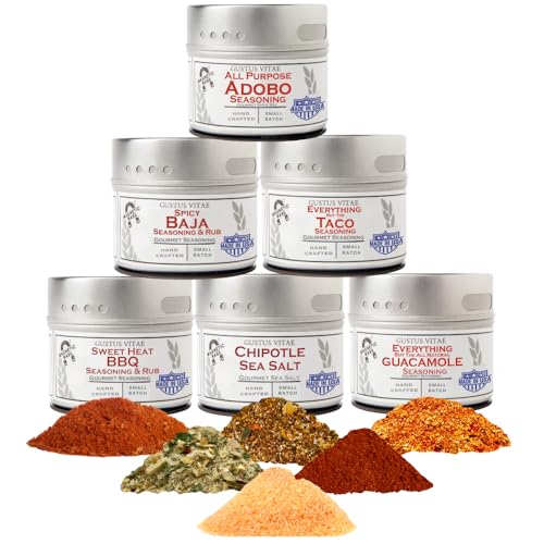 Tex-Mex Flavors Seasoning Collection | Authentic Small Batch | Tacos, Burrito, Enchiladas, Fajita, BBQ, Air Fryer, Snacks, Dips, Homemade, Home Cooking | 6 Gourmet All Natural Blends | Hand Packed, Small Batch | Non GMO, No Gluten, Soy, Wheat | Sustainably Sourced Seasonings | Made in USA | Artisanal Spices, Marinades, and Rubs | Magnetic Tins | Gustus Vitae | All Occasion Gift