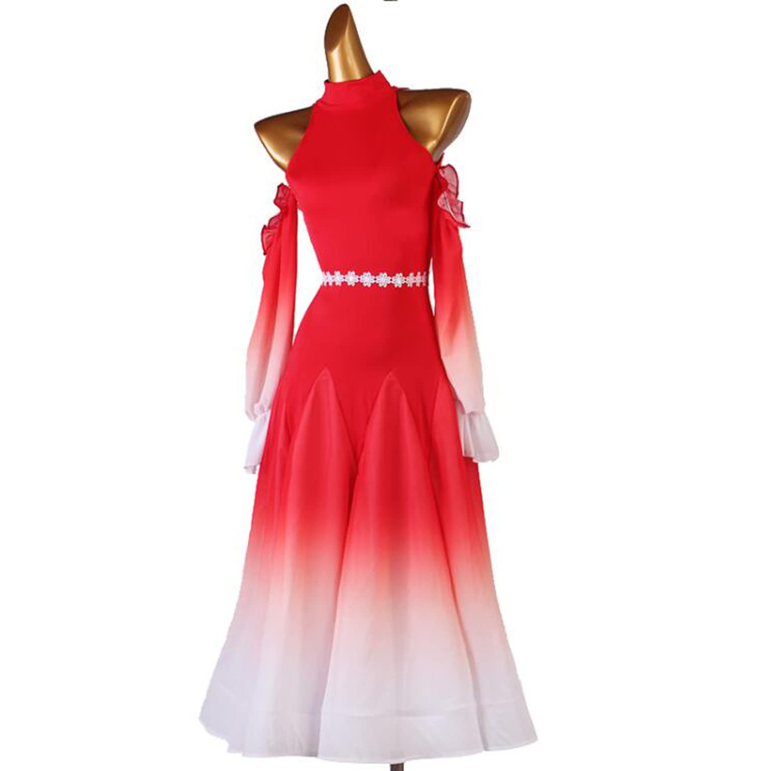 Hollow nowoczesne kostiumy walca Damskie sukienki do tańca towarzyskiego Flamenco z dekoltem halter Gradientowe stroje taneczne z długim rękawem Tango Salsa ze wstążką