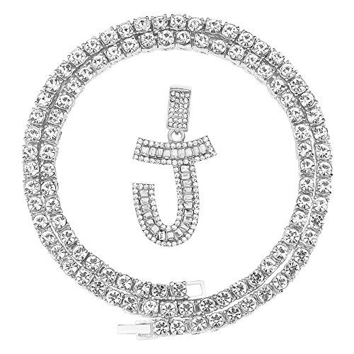 FW Jewelry HH BLING Silver Iced Out Baguette Initial Letter Necklaces for Men Women, Big Cz Diamond Capital Letter Pendant J with Tennis Chains (Silver J & Tennis)