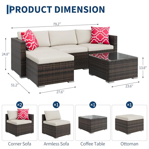 Image of GAOMON 5 Pieces Patio Furniture Sets All Weather Outdoor Sectional Patio Sofa Manual Weaving Wicker Rattan Patio Seating Sofas with Cushion and Glass Table