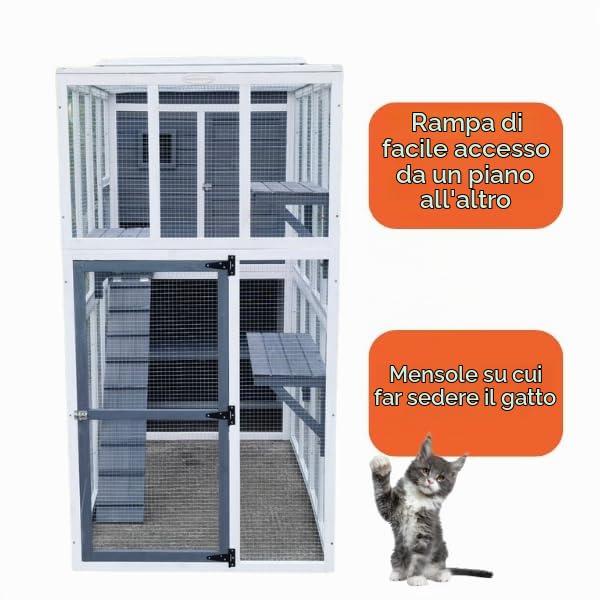Casetta per gatti da esterni, spaziosa gabbia multi-livello, resistente alle intemperie con comodi nascondigli, struttura in legno resistente per rifugio, elegante design esterno per