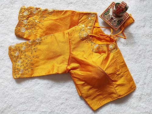 Image of Pujia Mills Women's Silk Embroidery Sequence Work Half Sleeve Readymade Blouse