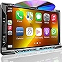 Double Din Car Stereo with CD/DVD Player, Apple CarPlay/Android Auto 7” Double din Radio with Backup Camera, Mirror Link, Bluetooth, AM FM Radio Receiver, SWC, Subwoofer, USB/TF/AUX