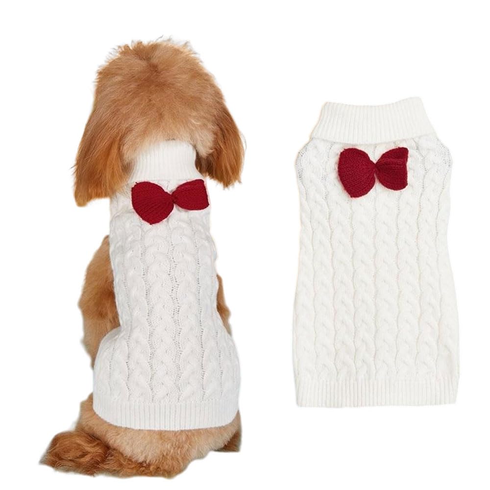 FANSU Small Dog Jumper, Solid Colours Soft Turtleneck Puppy Sweater with Bow Warm Winter Knit Dog Pullover Vest Coat for Small Medium Large Dogs and Cats (XL,White)