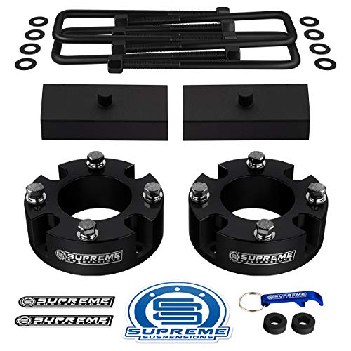 Supreme Suspensions - Full Lift Kit For 2007-2021 Toyota Tundra 2Wd 4Wd 3" Front Lift Strut Spacers + 1" Rear Lift Steel Blocks + Square Bend U-Bolts (Black) - Microfiber Cleaning Towel Included #TOP6