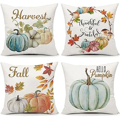 Scritism Fall Pillow Cover 18x18 Set of 4 Pumpkin Autumn Harvest Watercolor Bird Flower Farmhouse Throw Pillow Cases for Couch Sofa Sunflower Leaf Thanksgiving Outdoor Cushion Cases Home Decor Cover