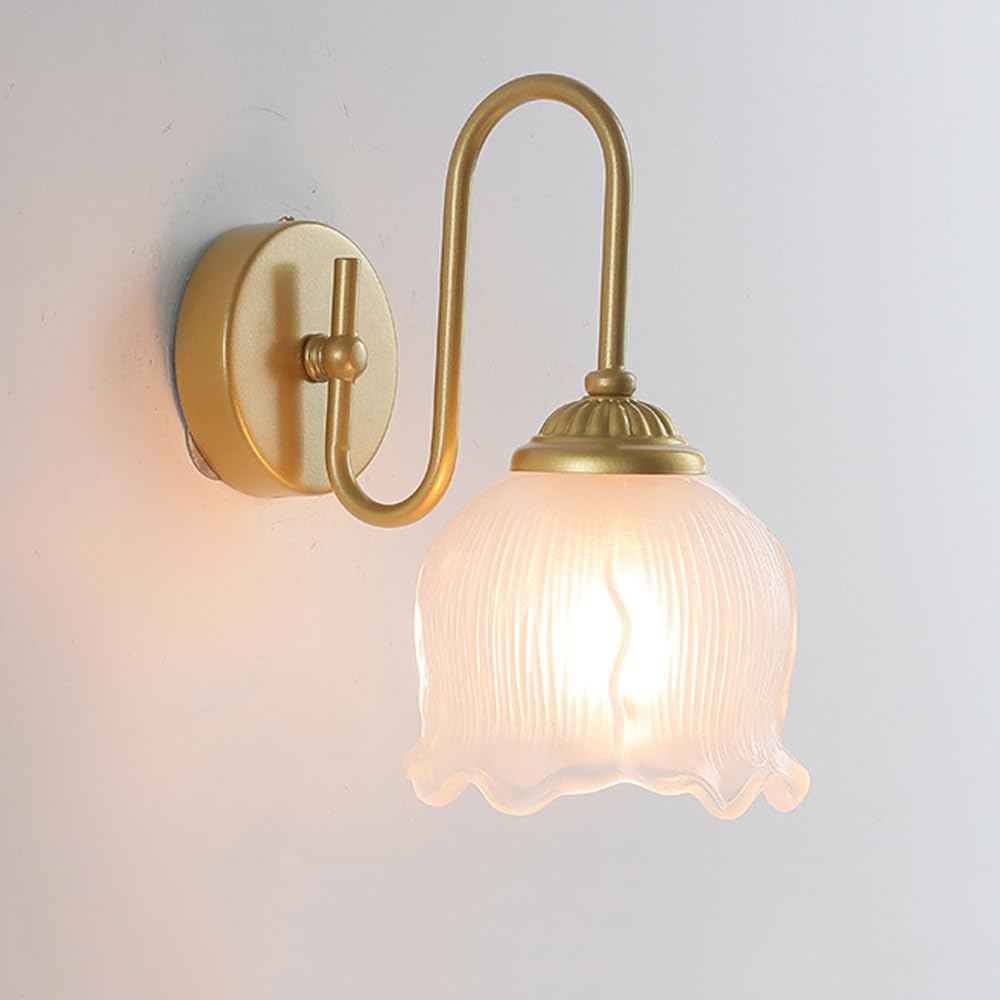 Aplique de pared de vidrio estriado con cuello de cisne dorado vintage para dormitorio