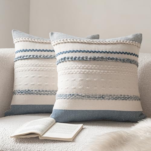 Cethom Boho Throw Pillow Covers 18x18 Inch Set of 2 Blue Textured Decorative Couch Pillow Cases for Farmhouse Home Decor Accent Cushion Cover for Sofa Bed Living Room Bedroom