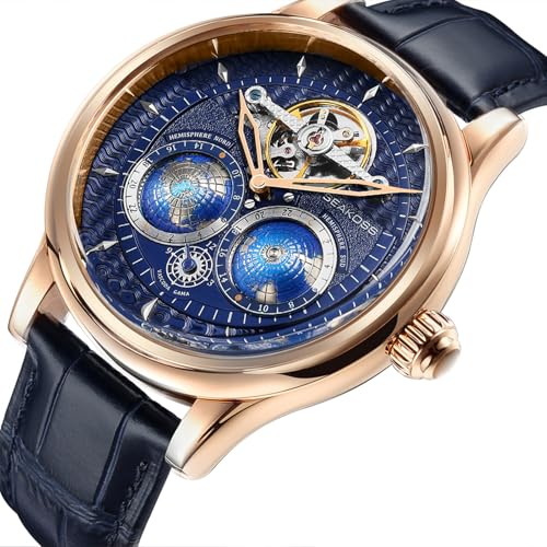 Image of SEAKOSS Watches for Men Automatic Mechanical Luxury Flywheel Watch 3D Double Globe Stainless Steel Case Men Wrist Watch