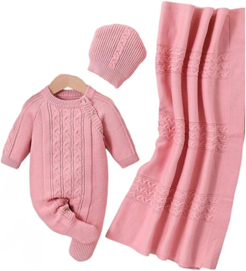 Baby Knit Overalls Set With Beanie And Blanket, Pink, 3-Piece Set.