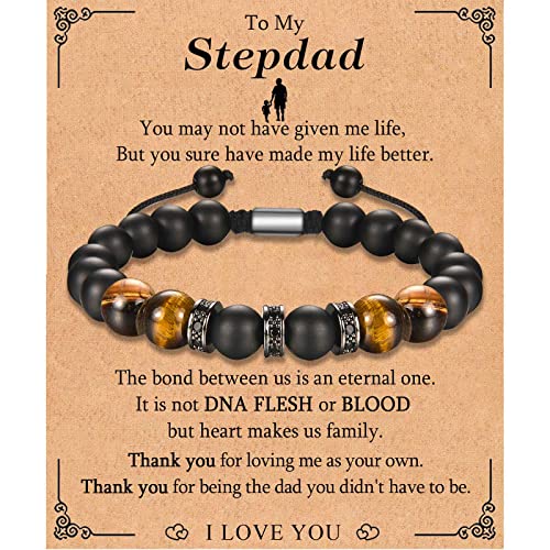 KORAS Step Dad Fathers Day Gift Step Dad Gifts Tiger Eye Bracelet Black Onyx Stone Bracelet for stepdad Presents for Fathers Day Birthday Christmas