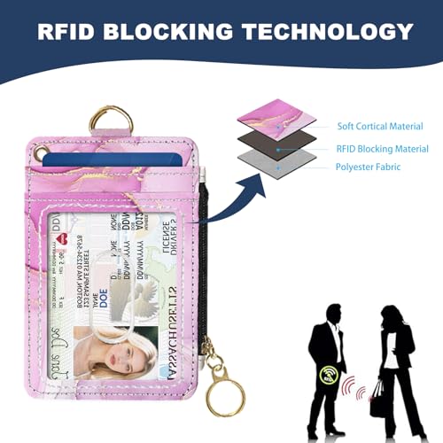 Slim Wallet Credit Card Holder, Pink Marble Pattern, RFID Wallet Women Cute Small Front Pocket Wallet With Zipper, PU Leather Thin travel RFID Blocking Card Case ID Window,Ladies Gifts4