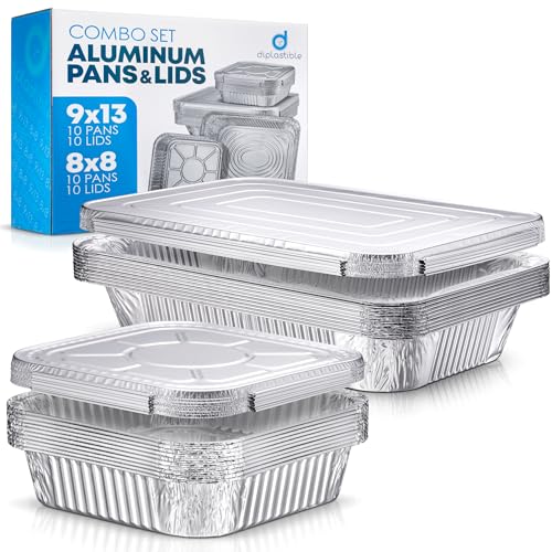 Image of Diplastible Disposable Aluminum Pans With Lids, 9x13 (10pc) And 8x8 Square (10pc) Combo Set, Disposable Baking and Cake Pan (Pack of 20)