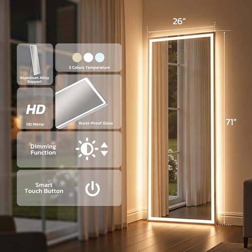 Image of Full Length Mirror with Lights, 71 inch x 26 inch LED Floor Mirrors, Full Body Dressing Standing Mirrors with Dimming & 3 Color Lighting, Hanging Mounted Mirror for Living Room Bedroom Cloakroom