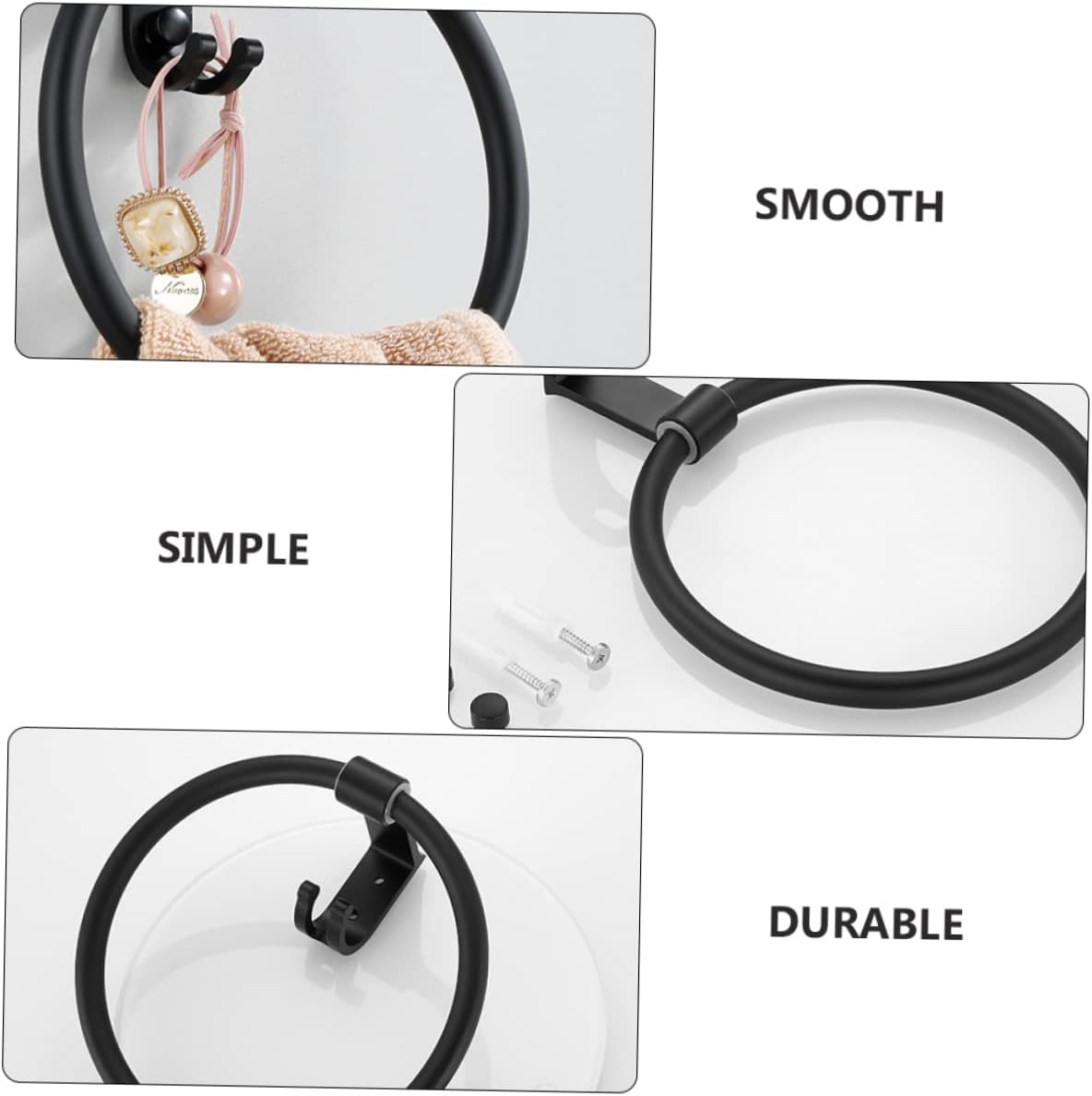 DOITOOL 3pcs Aluminum Towel with Hook Black Round Hand Towel Holder for Bathroom Space-Saving Design Smooth -Resistant
