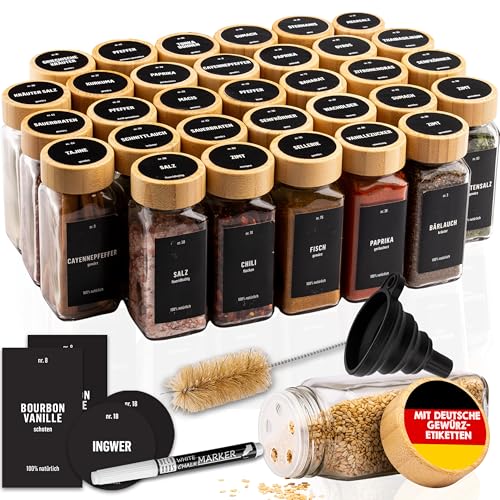 Deco Haus® Gewürzgläser eckig mit Holzdeckel 36er Set [+ Etiketten & Streueinsatz] - Gewürzdosen Set Glas - Gewürzbehälter Spice Jars - Gewürze Aufbewahrung - Behälter für Gewürze - Gewürzaufbewahrung