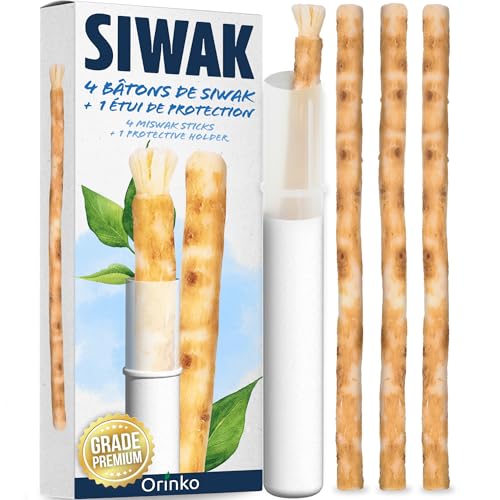 ORINKO® Siwak Naturale x4 con Custodia - Spazzolino Ecologico per Denti - Miswak Africano per Pulizia, Sbiancamento e Igiene Orale - Bastoncini di Araak come Alternativa Sostenibile