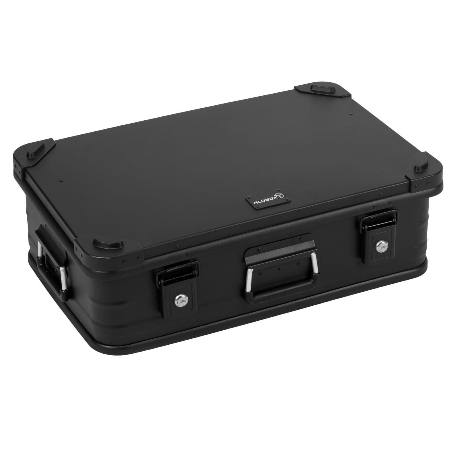 Alubox Alukiste abschließbar E39-BLACK - Premium Aluminium Lagerbox 39 Liter - Deckel mit Aluminium Druckguss Stapelecken und Gummidichtung - inklusive Schlösser - komplett schwarz