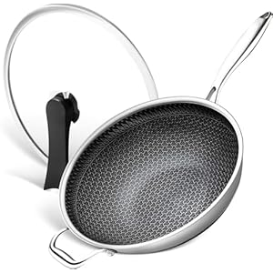 MICHELANGELO Honeycomb Wok Pan with Lid, 12.5 Inch Stainless Steel Woks & Stir-fry Pans with Stay Cool Handle, Flat Bottom Wok with Vertical Lid, Induction Wok, Dishwasher Oven Safe
