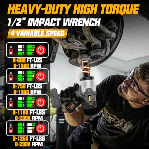 Image of Cordless 1 /2 inch Impact Wrench Compatibe with Dewalt 20V Battery, 1250Ft-lbs(1700N.M) High Torque Impact Gun Heavy Duty, Brushless Electric Power Impact Driver with 4 Sockets&4 Speeds&LED Work Light