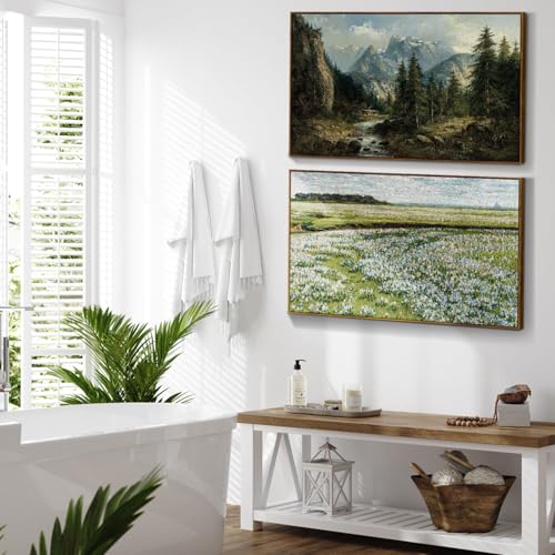 crmotu Vintage Framed Wall Art, Mountain River Landscape Canvas Painting, Pine Tree Forest Art Prints, Rustic Farmhouse Home Decorations, Pictures Wall Decor Living Room Bedroom Cottage 16x24in